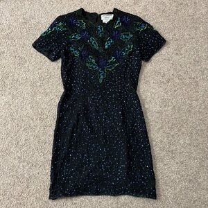 Vintage 90s Beaded Silk T Shirt Shift Dress Black Green and Blue